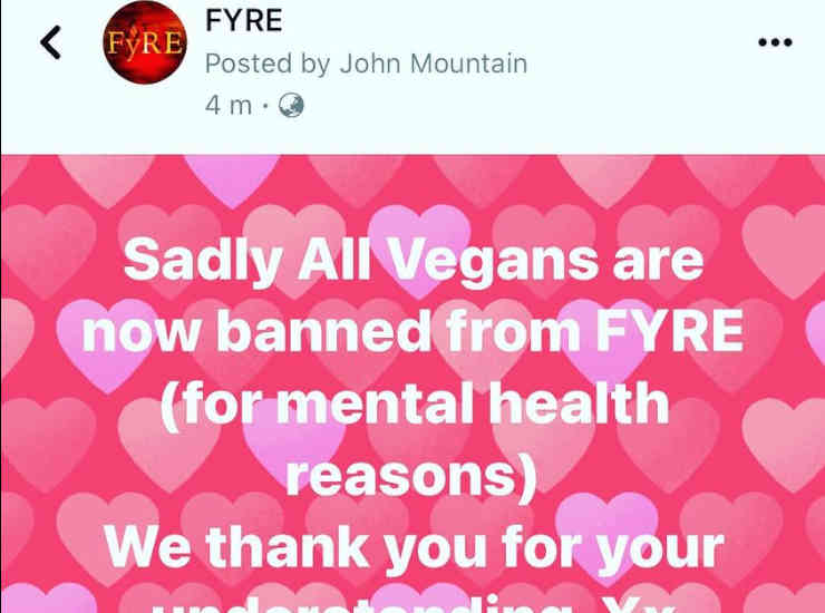 Messaggio facebook John Mountain Fyre Vegan
