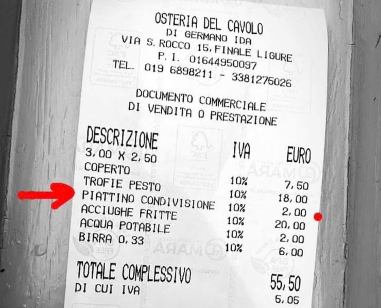 Scontrino Liguria 2 euro piatto vuoto