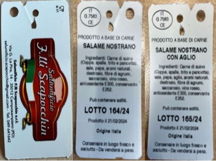 Salame Nostrano classico e all'aglio richiamati dal mercato